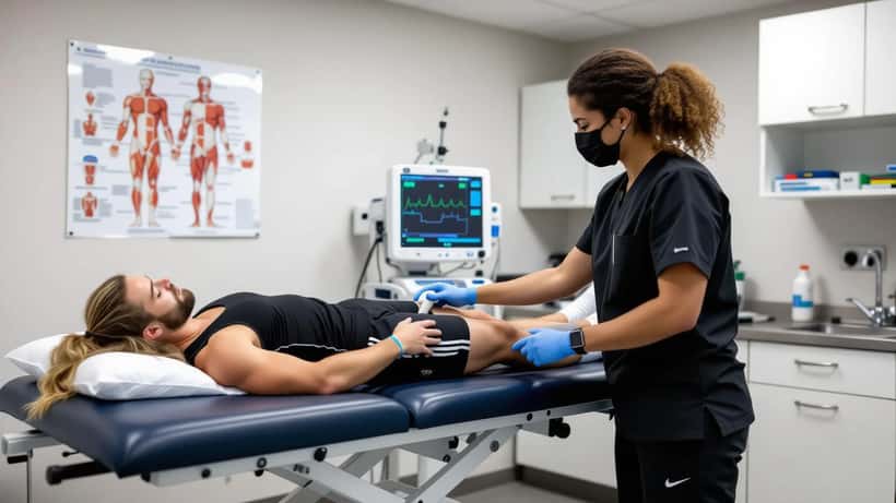 Médecin du sport examinant les muscles d'un footballeur par échographie en cabinet médical