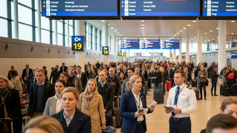 Drukke vertrekhal Schiphol met passagiers die bordjes met annuleringen bekijken