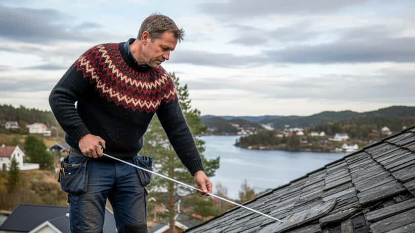 Norsk håndverker inspiserer stormskade på trehus i Kristiansand etter stormen Dave
