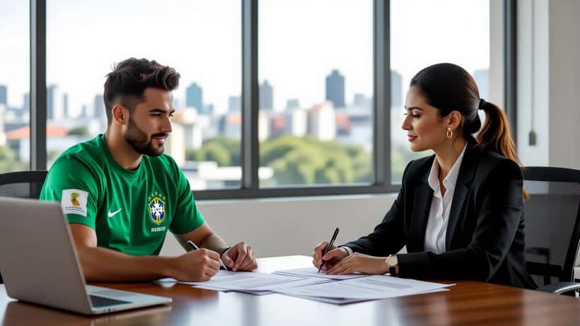 Jogador de futebol e advogada analisam contrato da Lei Pelé em escritório de São Paulo
