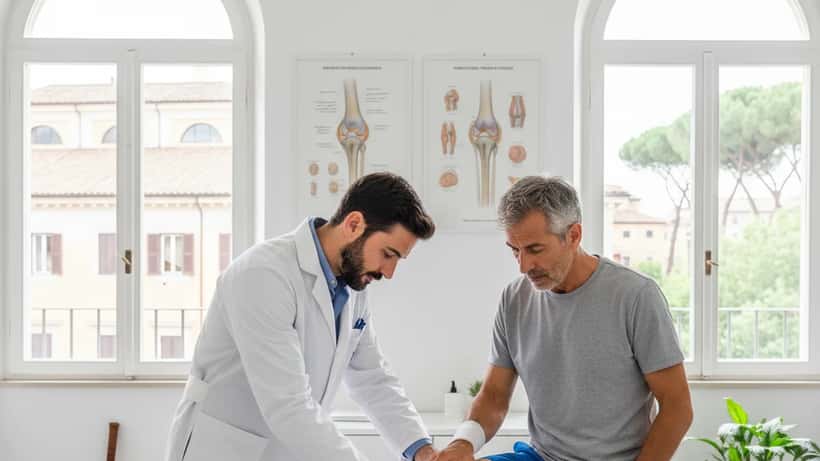 Medico sportivo italiano che esamina il ginocchio di un tennista amatore in un ambulatorio medico a Roma