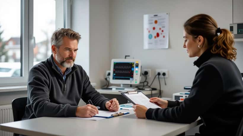 Läkare granskar EKG-resultat med f.d. idrottsman i klinik