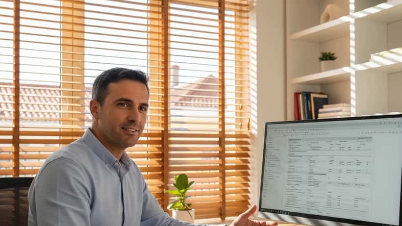 Consultor financeiro português explica o cálculo e prazo do IUC 2026 em escritório de Lisboa, com documentos fiscais e chaves de carro na mesa