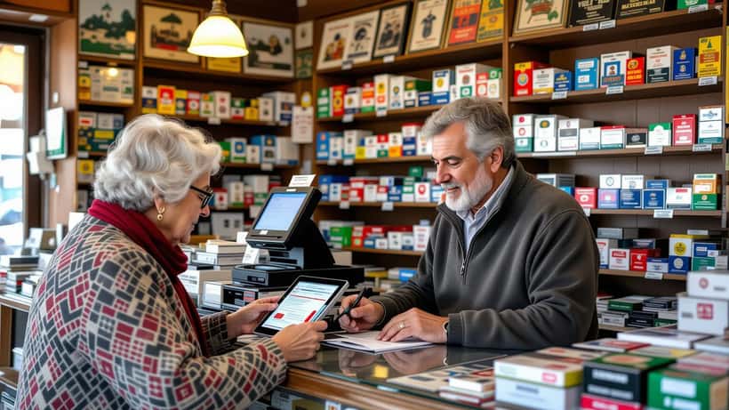 Tabaccaio aiuta cliente anziana ad attivare lo SPID su tablet in una tabaccheria di quartiere in Italia