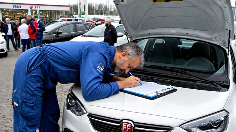 Meccanico italiano esamina il vano motore di una city car ibrida moderna in concessionaria