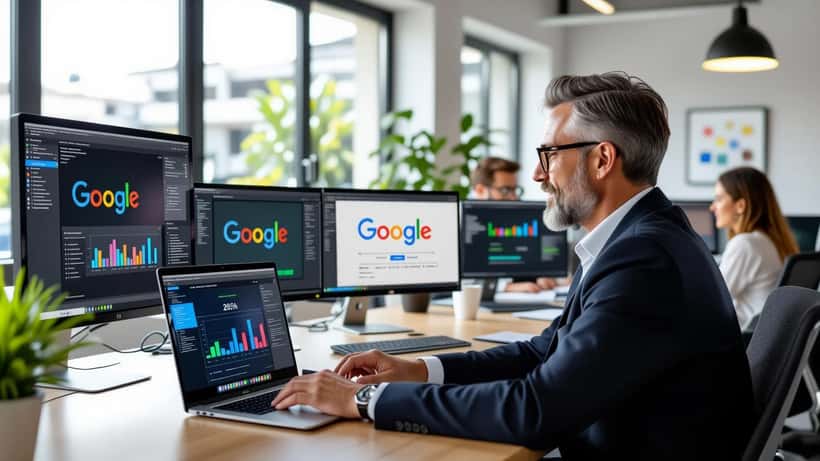 Empresário português em escritório moderno em Lisboa a explorar o Google Gemini AI no aniversário de 28 anos do Google