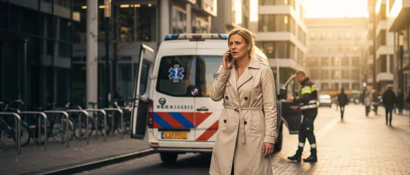Nederlandse vrouw belt op straat terwijl ambulance op de achtergrond staat
