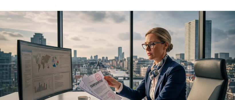 Nederlandse advocaat in modern kantoor met internationale juridische documenten