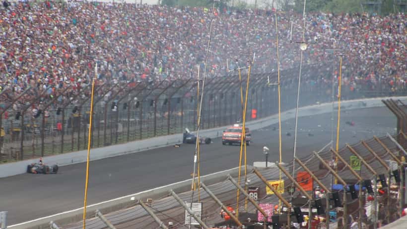 Racing accident at the Indianapolis 500 oval circuit, cars crashing on track