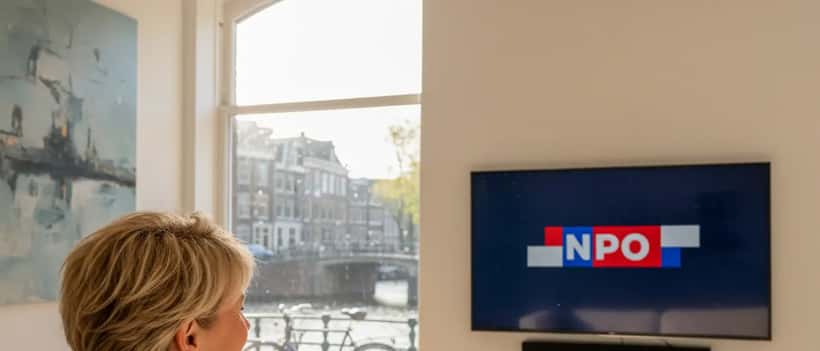Nederlandse vrouw kijkt televisie met NPO afstandsbediening in Amsterdamse woning