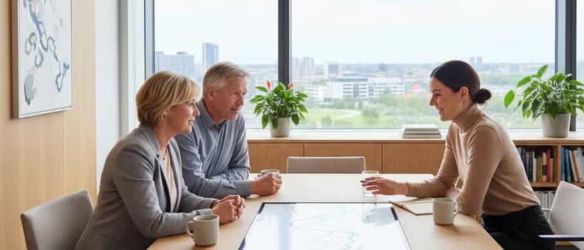 Dansk par mødes med pensionsrådgiver på moderne kontor for at gennemgå pensionsopsparing 2026