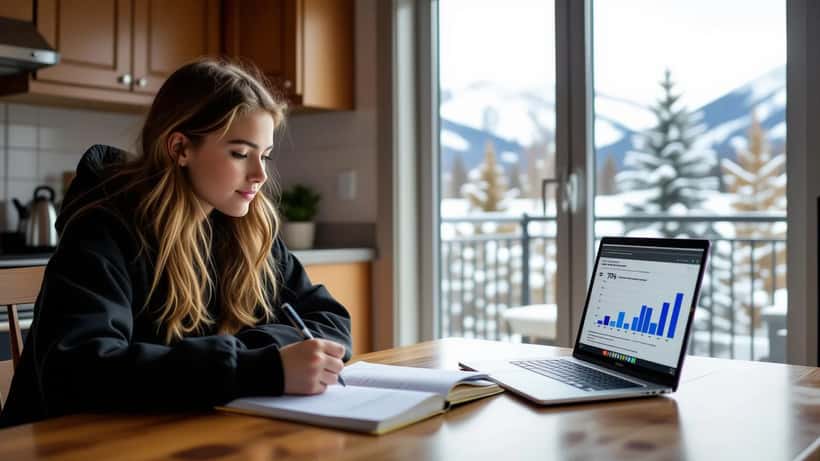 Un tuteur et une élève analysent une prévision météo de Calgary et des calculs de probabilités sur un cahier.