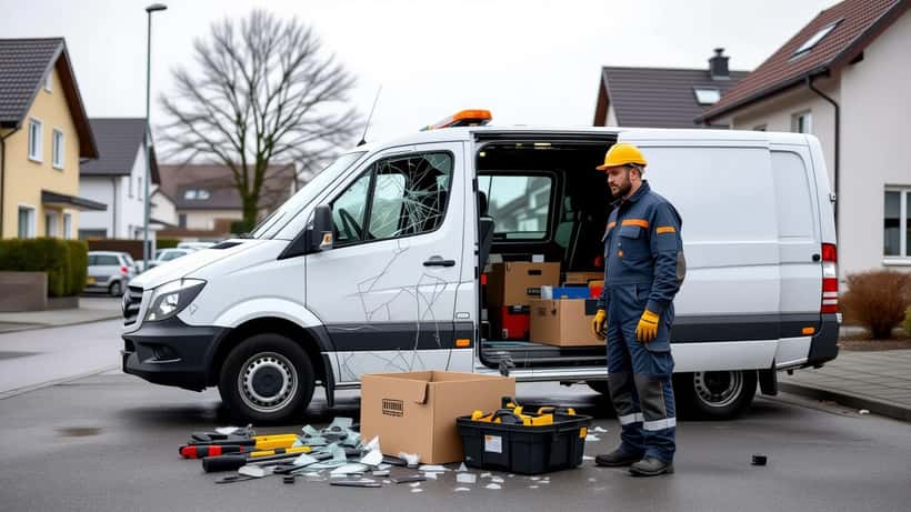 Handwerker steht vor aufgebrochenem Firmenwagen mit verstreuten Werkzeugen auf der Straße in NRW