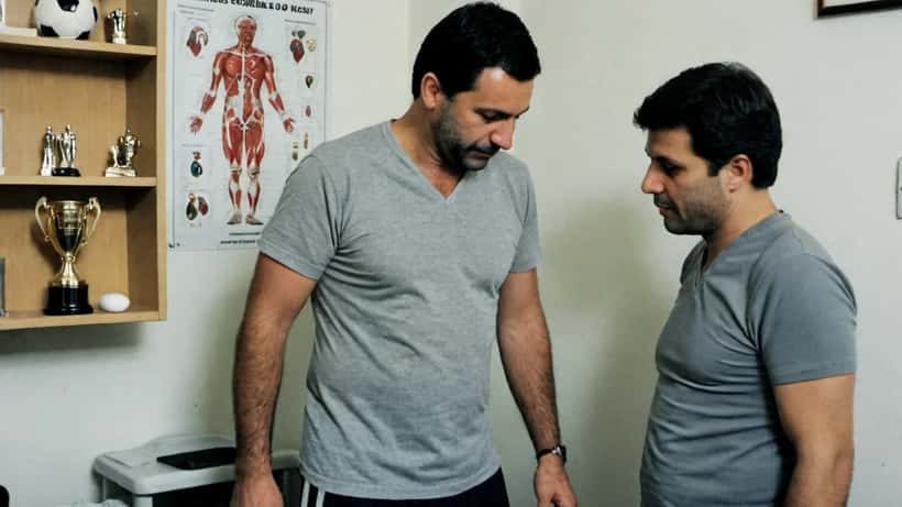 Medico sportivo che esamina il ginocchio di un ex atleta in uno studio medico a Milano