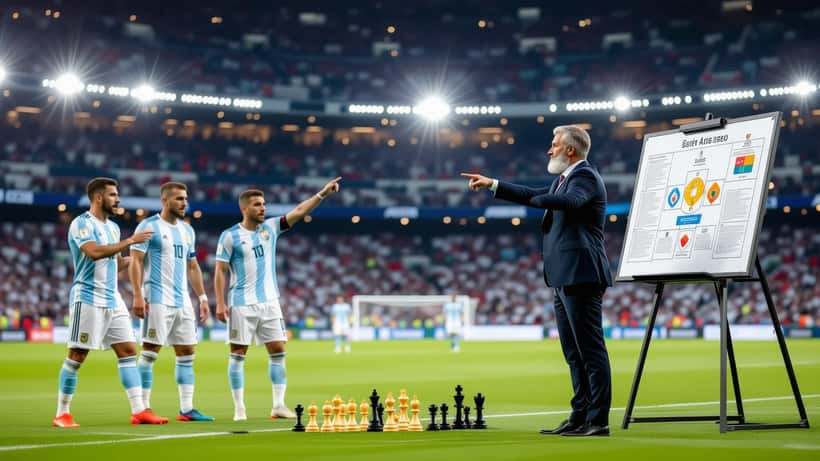 Jogadores da Argentina e da Suíça em campo com símbolos de gestão de crises ao fundo