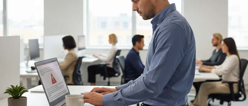 UK office worker looking frustrated at a laptop showing an error message during an AI tool outage