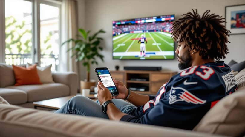 Frustrated American sports bettor looking at a smartphone showing an account restricted notification on a betting app with an NFL game on TV in the background