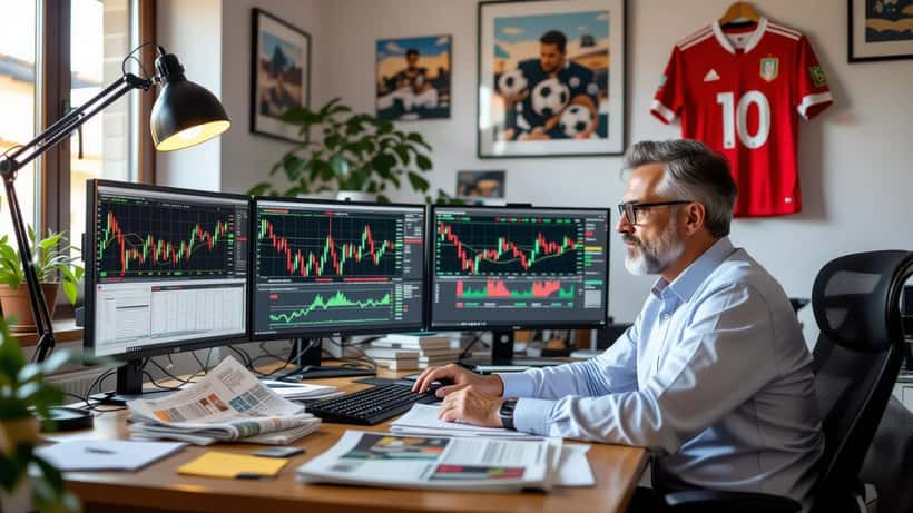 Investitore italiano controlla le azioni di club calcistici su schermo durante la Champions League 2026-27