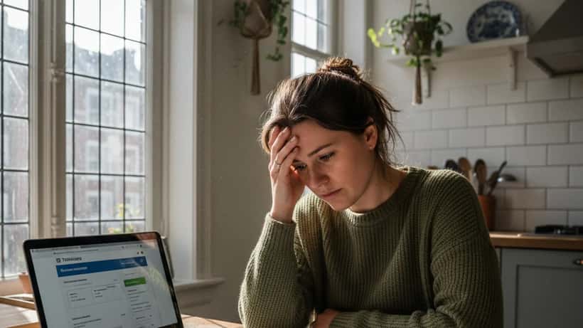 Nederlandse vrouw controleert haar toeslagenrecht op laptop met financiële documenten aan keukentafel in Amsterdam