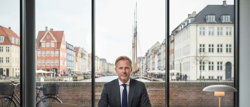 Dansk advokat gennemgår lovdokumenter på kontor i København