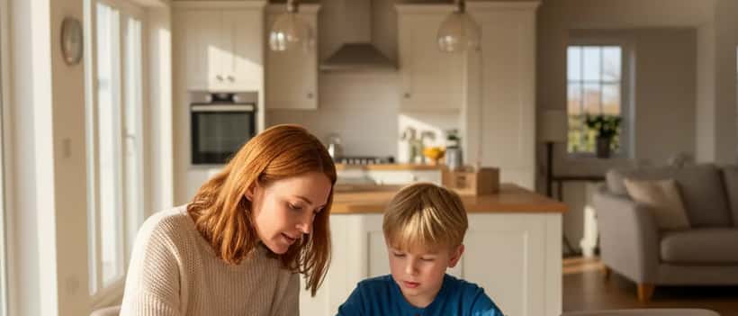 British private tutor working one-to-one with a child with learning difficulties at a kitchen table