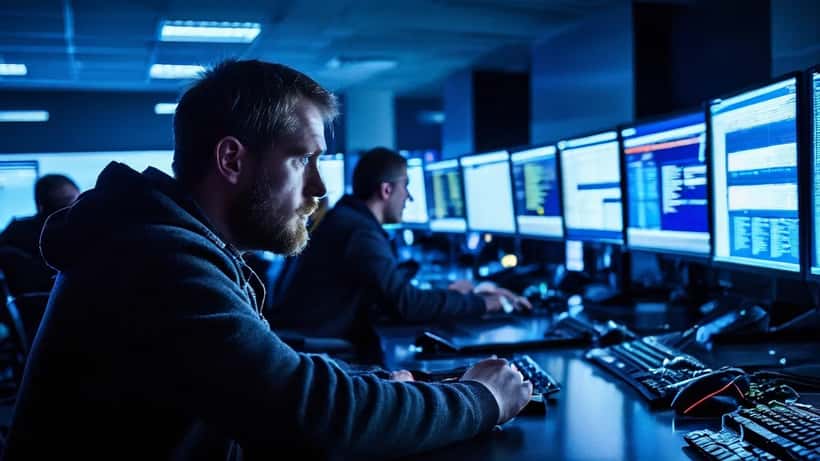 IT-sérfræðingur fylgist með netöryggismælingum og viðvörunarskilti á skjáum í íslensku netöryggismiðstöð