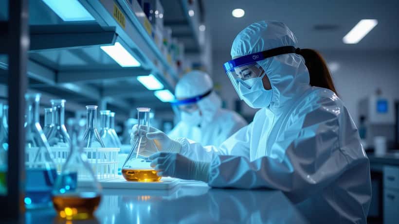 Female researcher in hazmat suit handling sealed specimen vials in a high-biosafety laboratory