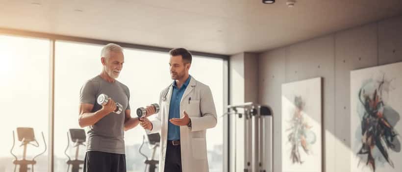 Älterer Mann Ende 70 hebt leichte Hanteln im Fitnessstudio, Sportmediziner im weißen Kittel gibt Anleitung, helles professionelles Sportstudio