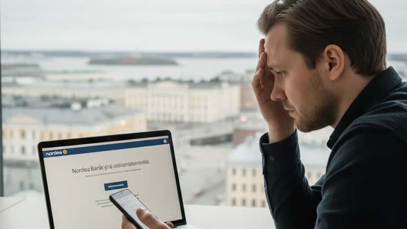 IT-asiantuntija katsoo turhautuneena Nordean virheistä kertovaa tietokonetta