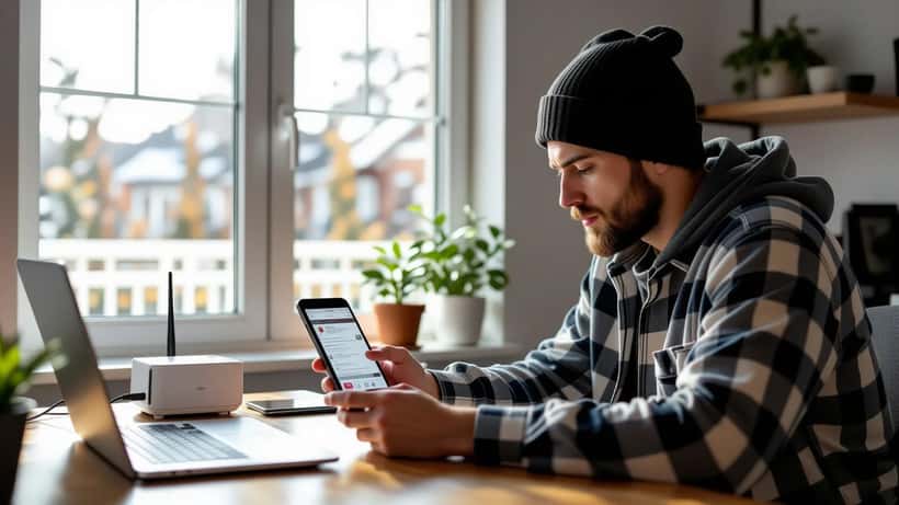 Person looking frustrated at smartphone error message with WiFi router on desk in home office