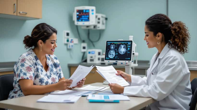Paciente brasileira consultando oncologista em hospital de Salvador com documentos de plano de saúde