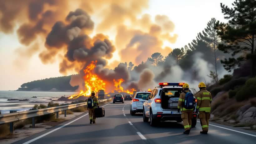 Pine forest burning along an evacuation road in the Gironde, France, with orange flames and smoke filling the summer sky