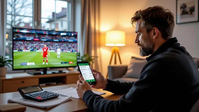 Mann sjekker betting-app med vinnende kupong ved skrivebord, TV viser England–Spania-kampen i bakgrunnen