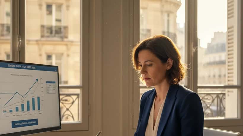 Conseillère en gestion de patrimoine examinant des documents financiers dans un bureau parisien moderne