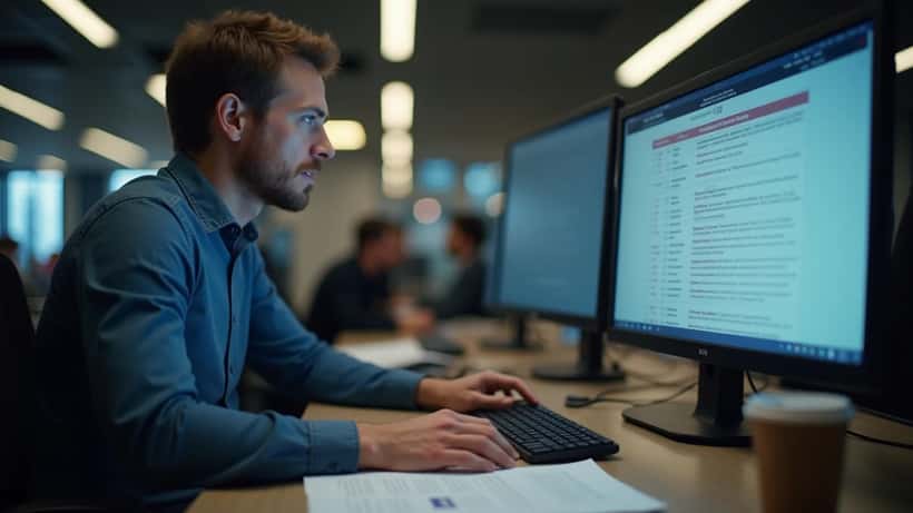 IT manager in Sydney office reviewing AI governance policy documents on dual monitors