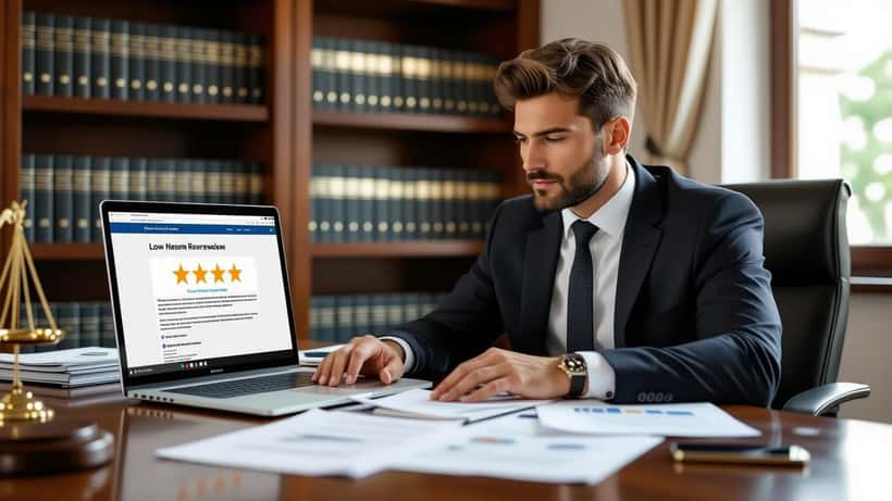 Avvocato italiano in studio legale a Roma esamina recensioni negative su laptop con documenti legali sul tavolo