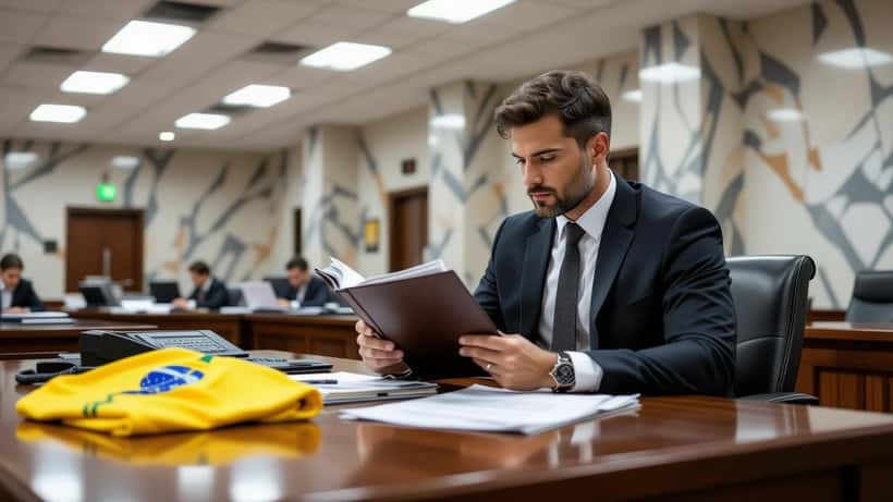 Advogado brasileiro revisando documentos processuais em tribunal de São Paulo com camisa de futebol sobre a mesa