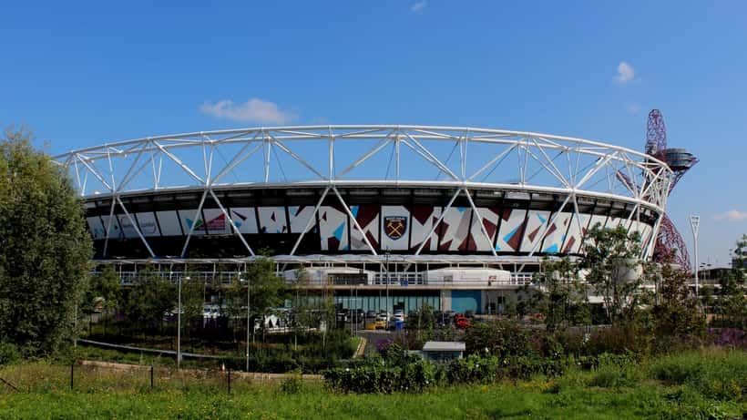 Exterior view of the London Stadium, West Ham United's home ground, ahead of the 2026/27 Championship season