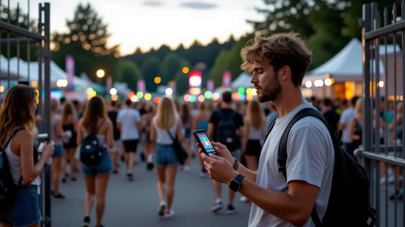 Ung mann holder smarttelefon til konsertscanner med avvist QR-kode ved Ekebergsletta konsertinngang