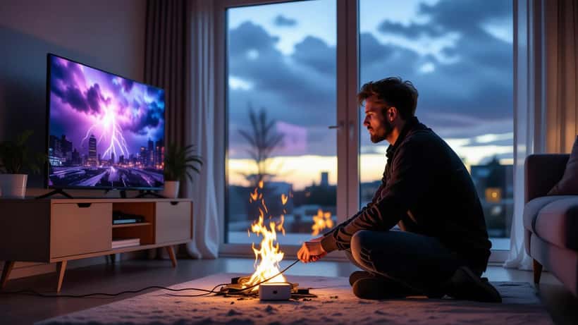 Man inspecteert verbrande stekkerdoos na blikseminslag tijdens onweer in Nederland 2026
