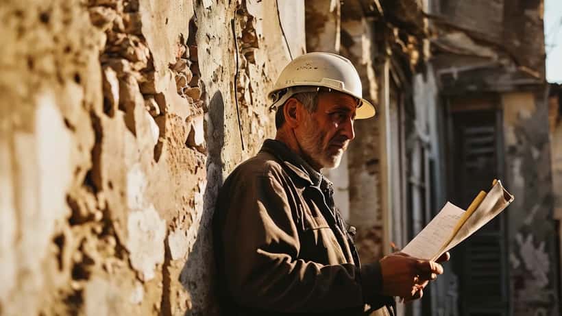 Tecnico che esamina i danni sismici su un edificio in Campania