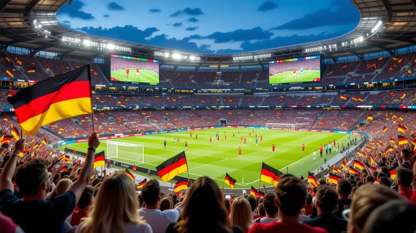 Fußballstadion bei Nacht während des Sechzehntelfinales der WM 2026 mit deutschen Fans