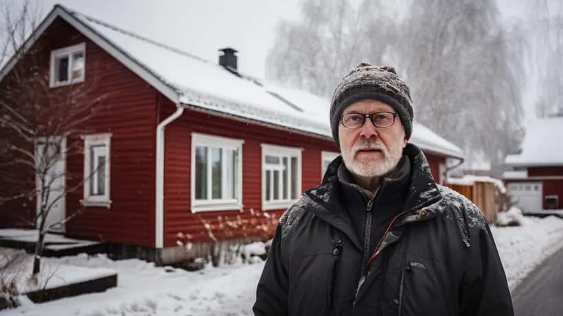 Suomalainen kodinomistaja tarkastelee sulavaa lunta talon katolta kevätauringossa