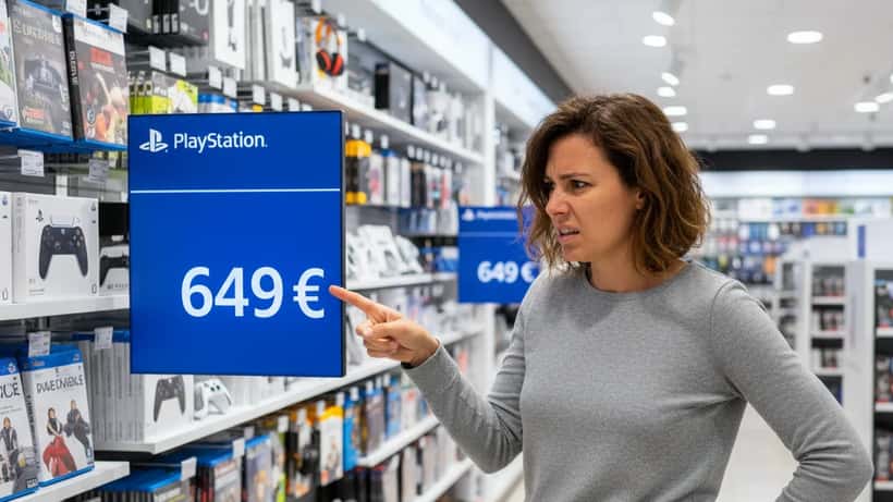 Femme française contrariée devant l'étiquette de prix d'une PlayStation 5 à 649 euros dans un magasin d'électronique à Paris