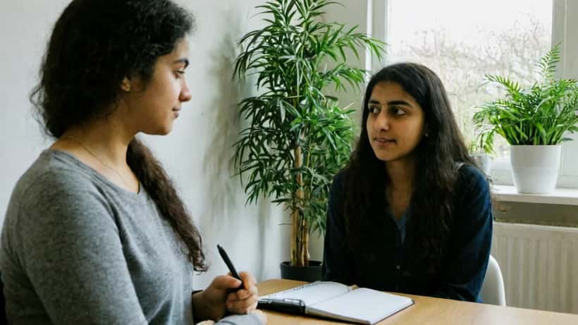 Young woman in therapy discussing relationship patterns in London