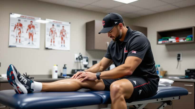Sports medicine physician examining a baseball player's hamstring in a clinical setting