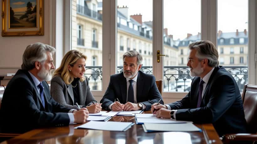 Trois héritiers face à un notaire autour de documents de succession