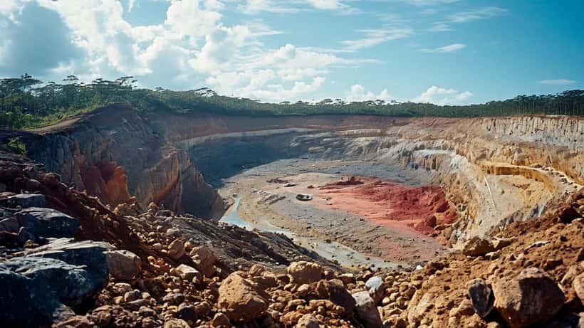 Geólogo examinando amostras de minerais de terras-raras em mina a céu aberto no Cerrado brasileiro
