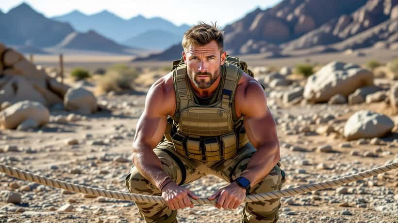 Man in military training gear on obstacle course showing vulnerability and determination