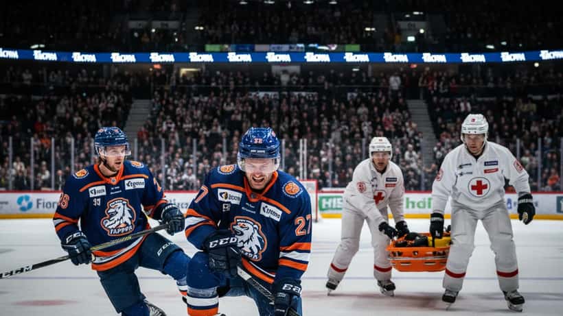 Jääkiekkoilija loukkaa polvensa ottelussa Tampereella, joukkuetoveri ja lääkintähenkilöstö lähestyy